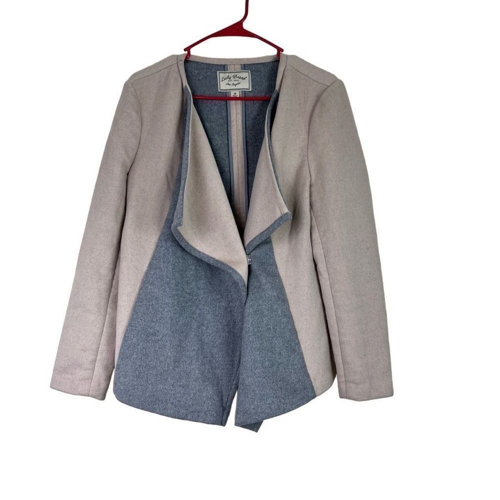 Lucky Brand Size Medium Pink Gray Color Block Wool Moto Jacket Asymmetric Blazer